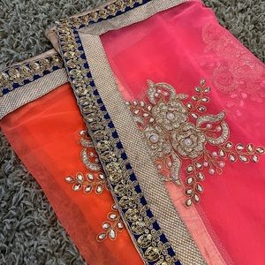 Pink and orange ombré dupatta with pearl embellishments